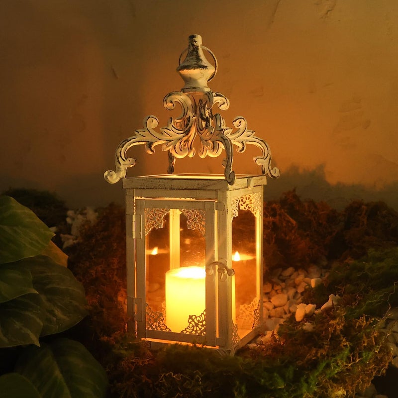 DECORKEY Large Candle Lantern  Decorative Hanging Lantern  Vintage Metal Tabletop Lantern for Outdoor Patio Rustic Home Decor  Candle Holders with Clear Glass (White) - Image 2